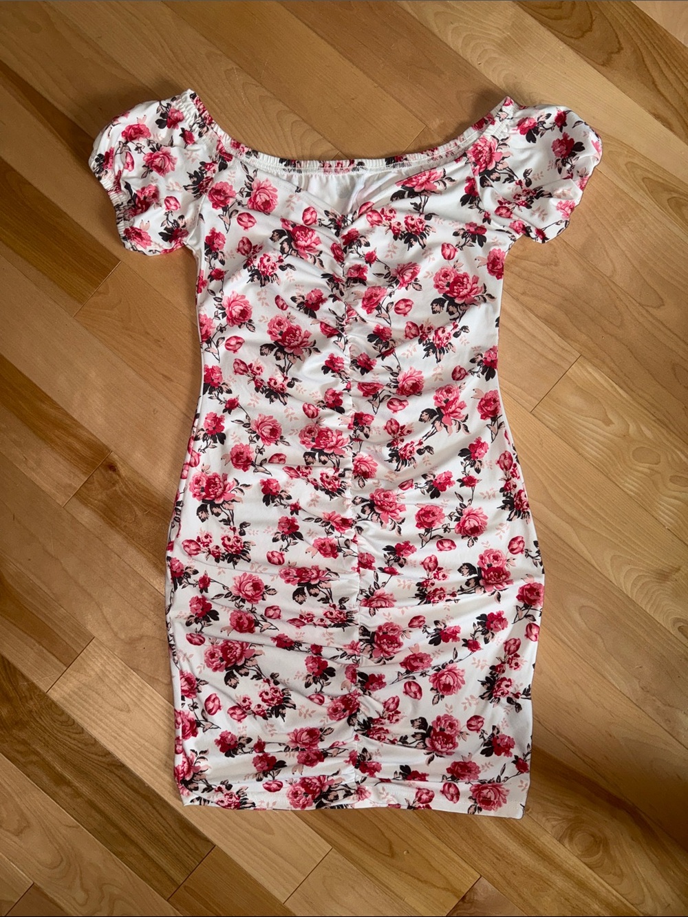 SHEIN White Mini Dress with Pink Floral Ruched Detail
